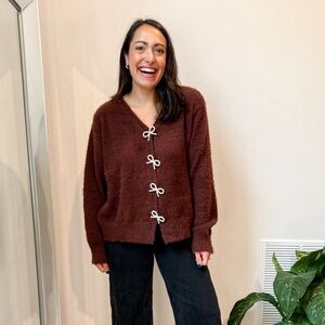 Cupshe Chocolate Brown Fuzzy V-Neck Cardigan with Bow Closures